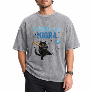 Chinga La Migra Washed Cotton T-Shirt Funny Protest Cat Minneapolis Support Gift