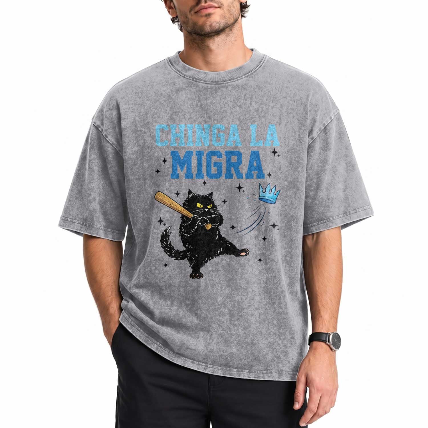 Chinga La Migra Washed Cotton T-Shirt Funny Protest Cat Minneapolis Support Gift