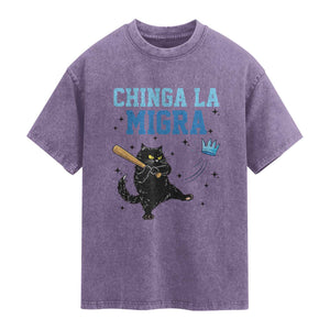 Chinga La Migra Washed Cotton T-Shirt Funny Protest Cat Minneapolis Support Gift