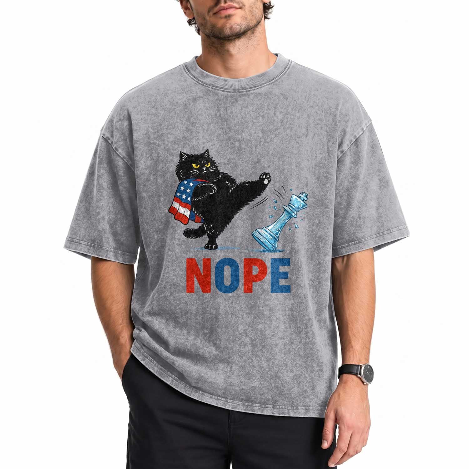 Funny Black Cat Kicks The Icy Chess Piece Nope Washed Cotton T-Shirt