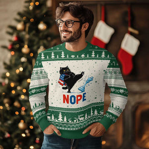 Funny Black Cat Kicks The Icy Chess Piece Nope Ugly Christmas Sweater TS12 Beige Green Print Your Wear
