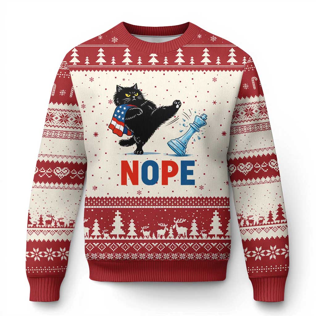 Funny Black Cat Kicks The Icy Chess Piece Nope Ugly Christmas Sweater TS12 Beige Red Print Your Wear