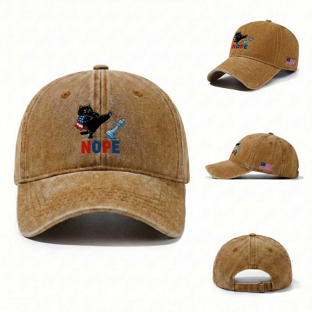 Funny Black Cat Kicks The Icy Chess Piece Nope Washed Cotton Baseball Cap TS12 Washed Cap Universal Fit Yellow Ochre Print Your Wear
