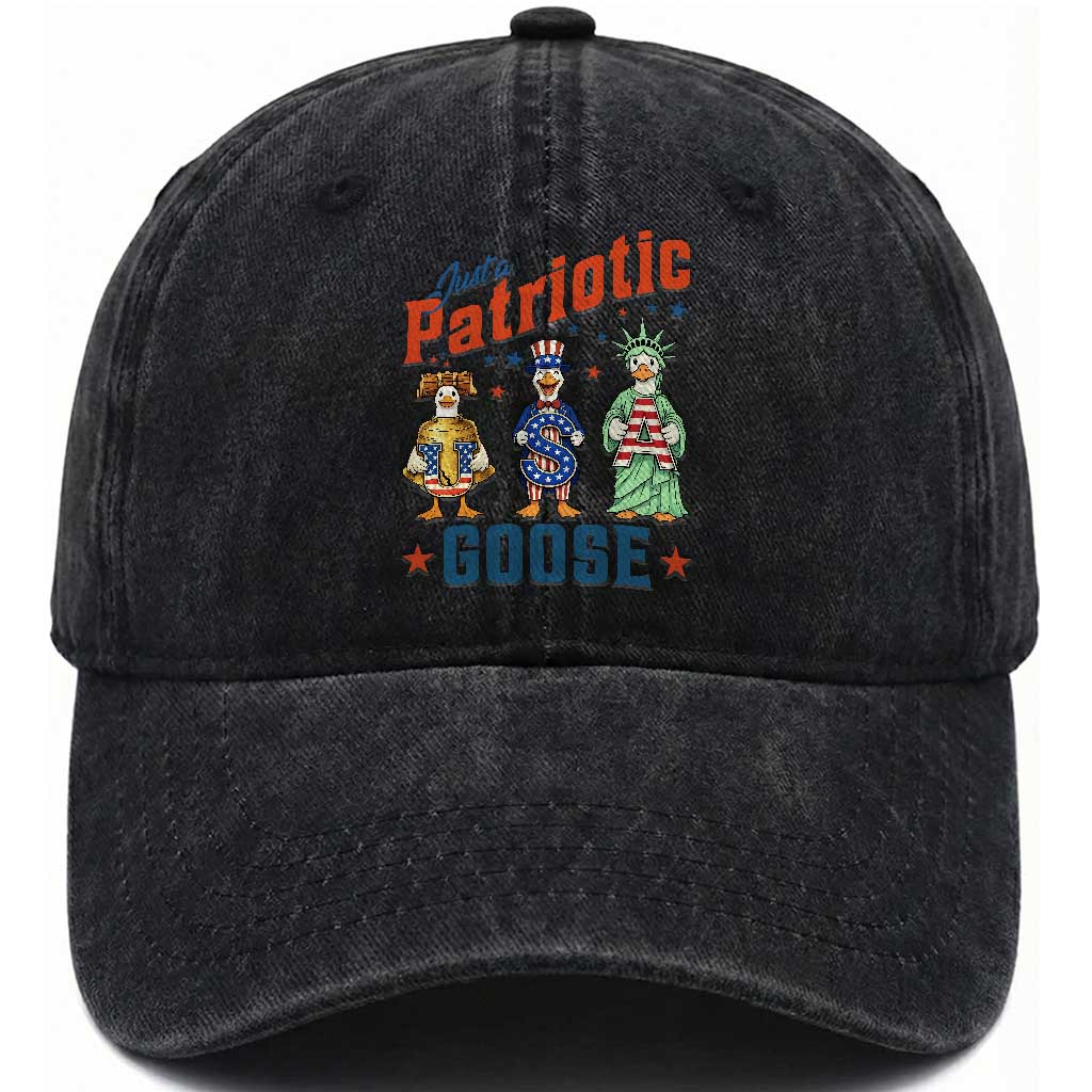 Just A Patriotic Goose Washed Cotton Baseball Cap Funny Freedom Goose Patriotic TS12 Washed Cap Universal Fit Black Print Your Wear