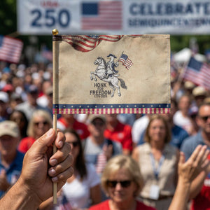 Funny Patriotic Goose Cowboy Patriotic Handheld Flag Honk For Freedom TS12 Vintage 8.2" × 5.5" Rustic Tan Navy Print Your Wear