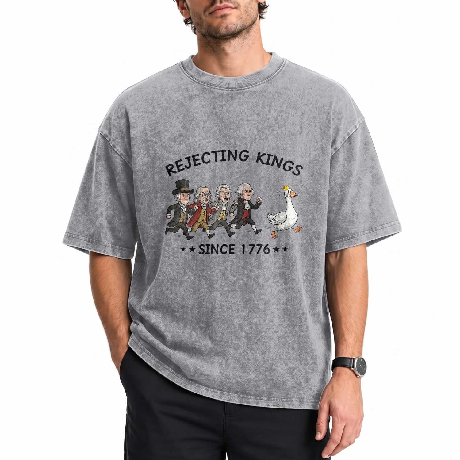 Rejecting Kings Since 1776 Washed Cotton T-Shirt Funny Founding Fathers Chasing Royal Goose
