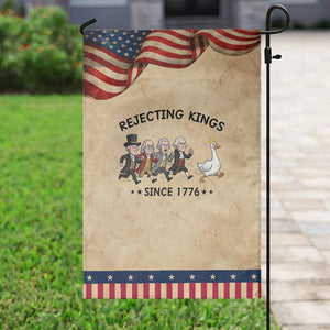 Rejecting Kings Since 1776 Garden Flag Funny Founding Fathers Chasing Royal Goose TS12 Vintage Rustic Tan Navy Print Your Wear