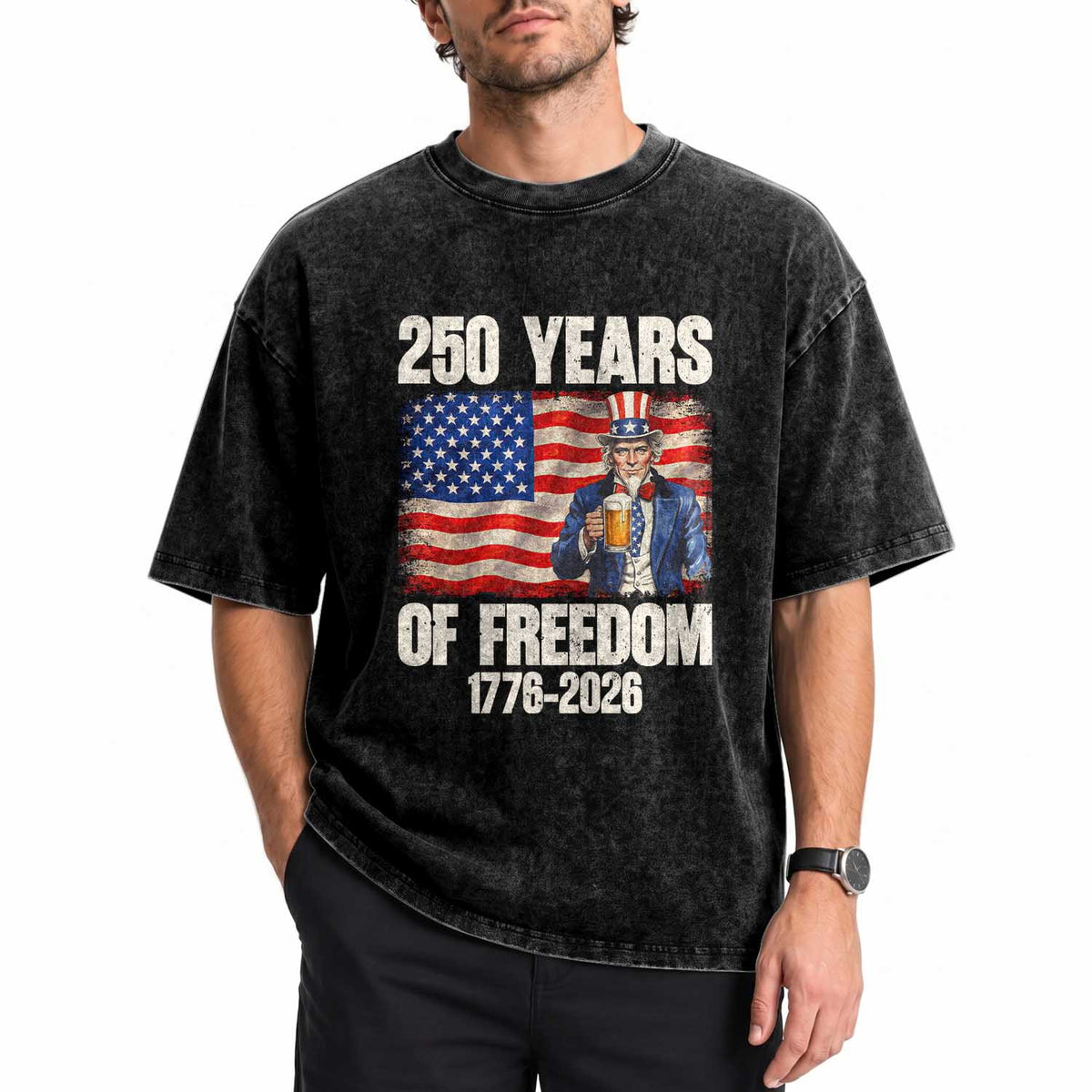 250 Years Of Freedom Washed Cotton T-Shirt Patriotic Uncle Sam
