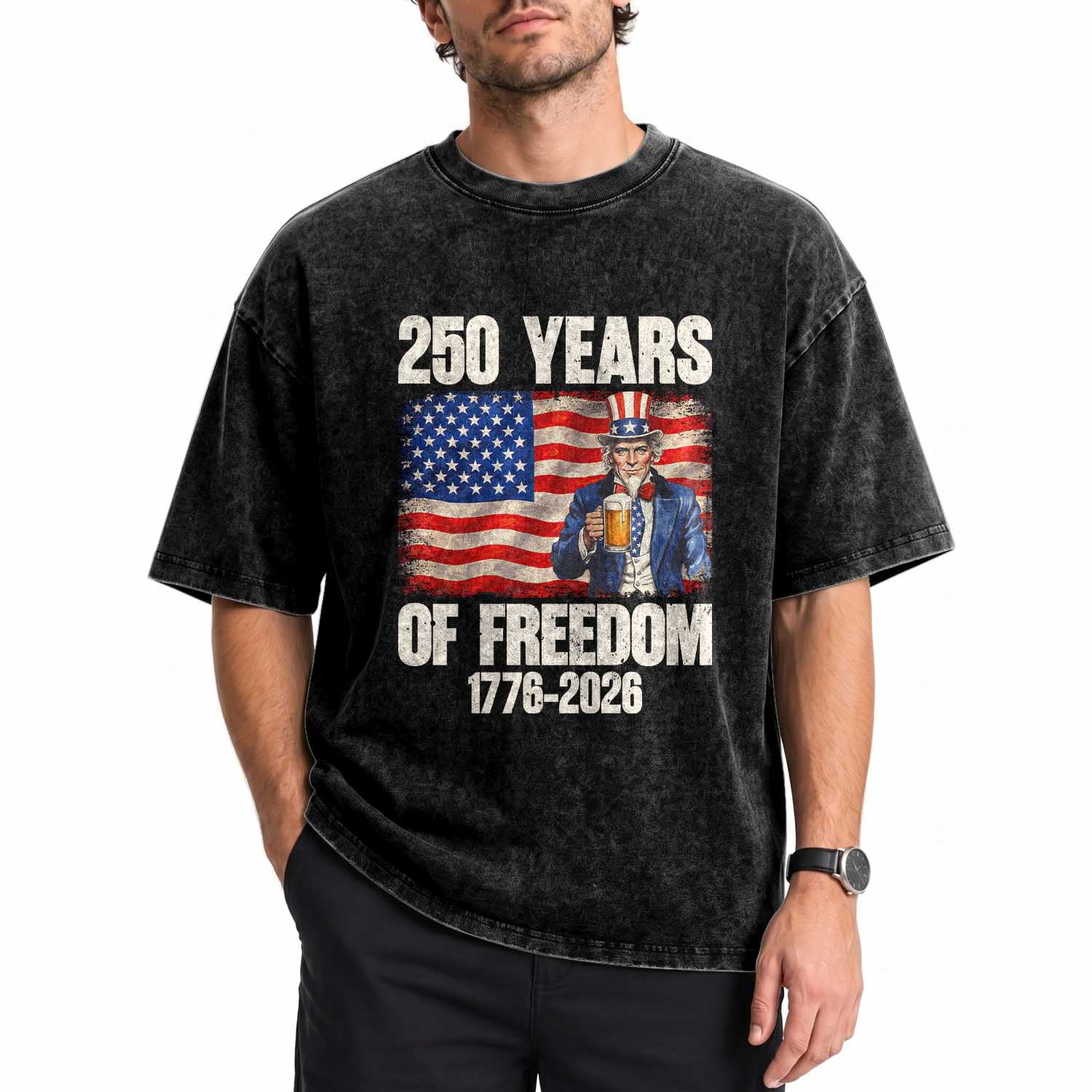 250 Years Of Freedom Washed Cotton T-Shirt Patriotic Uncle Sam