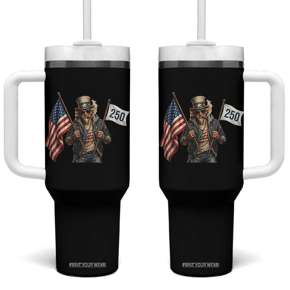 Patriotic Uncle Sam Celebrating 250 Years America Tumbler With Handle TS12 One Size: 40 oz Black Print Your Wear