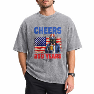 Vintage Cat Uncle Sam Washed Cotton T-Shirt Cheers To 250 Years