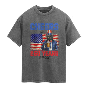 Vintage Cat Uncle Sam Washed Cotton T-Shirt Cheers To 250 Years