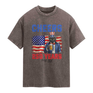 Vintage Cat Uncle Sam Washed Cotton T-Shirt Cheers To 250 Years