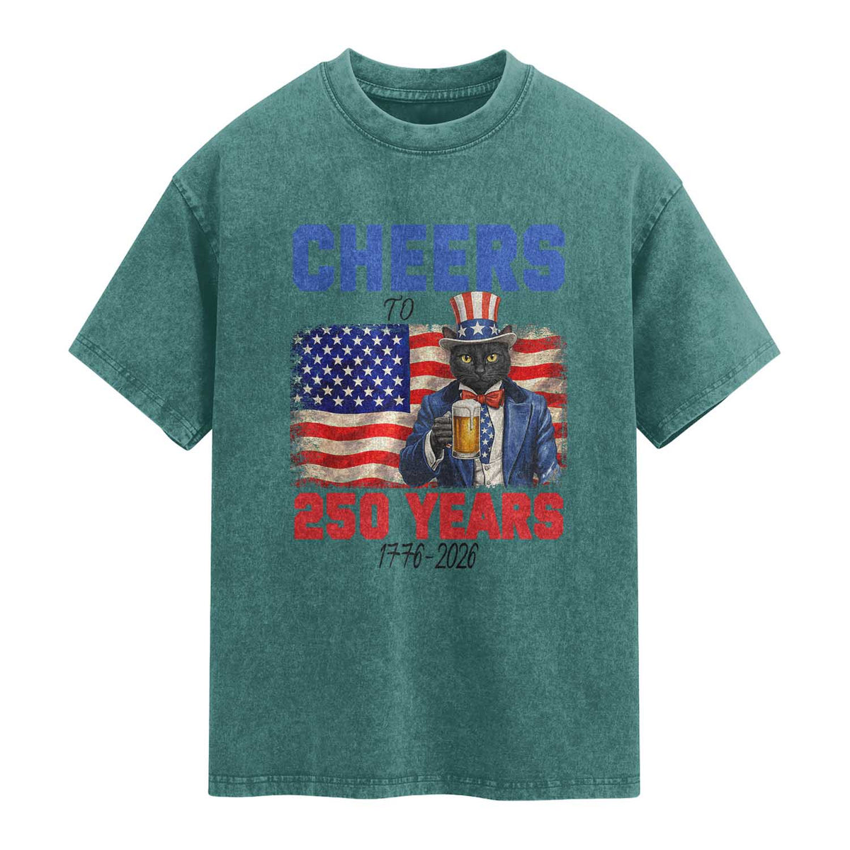 Vintage Cat Uncle Sam Washed Cotton T-Shirt Cheers To 250 Years
