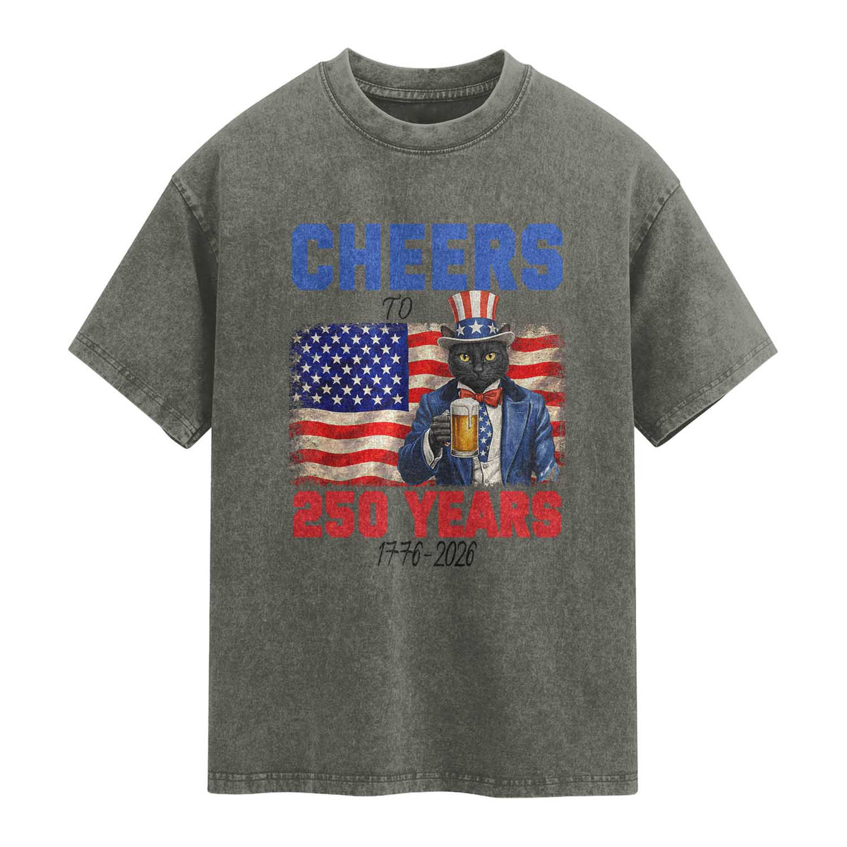 Vintage Cat Uncle Sam Washed Cotton T-Shirt Cheers To 250 Years