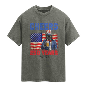 Vintage Cat Uncle Sam Washed Cotton T-Shirt Cheers To 250 Years