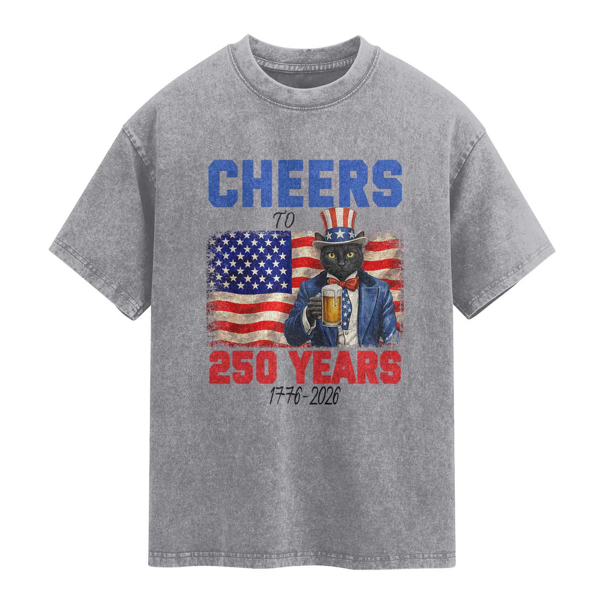 Vintage Cat Uncle Sam Washed Cotton T-Shirt Cheers To 250 Years