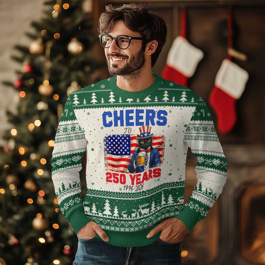 Vintage Cat Uncle Sam Ugly Christmas Sweater Cheers To 250 Years TS12 Beige Green Print Your Wear