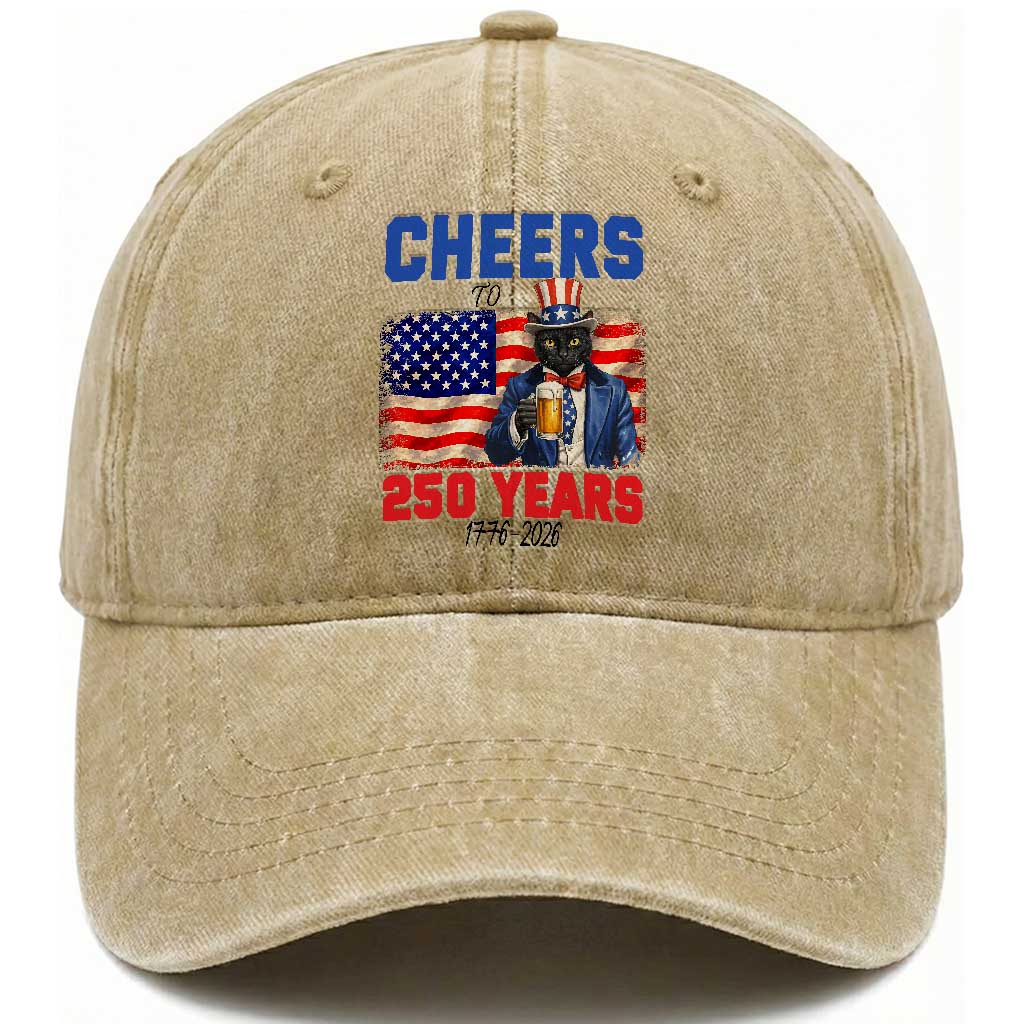Vintage Cat Uncle Sam Washed Cotton Baseball Cap Cheers To 250 Years TS12 Washed Cap Universal Fit Khaki Print Your Wear