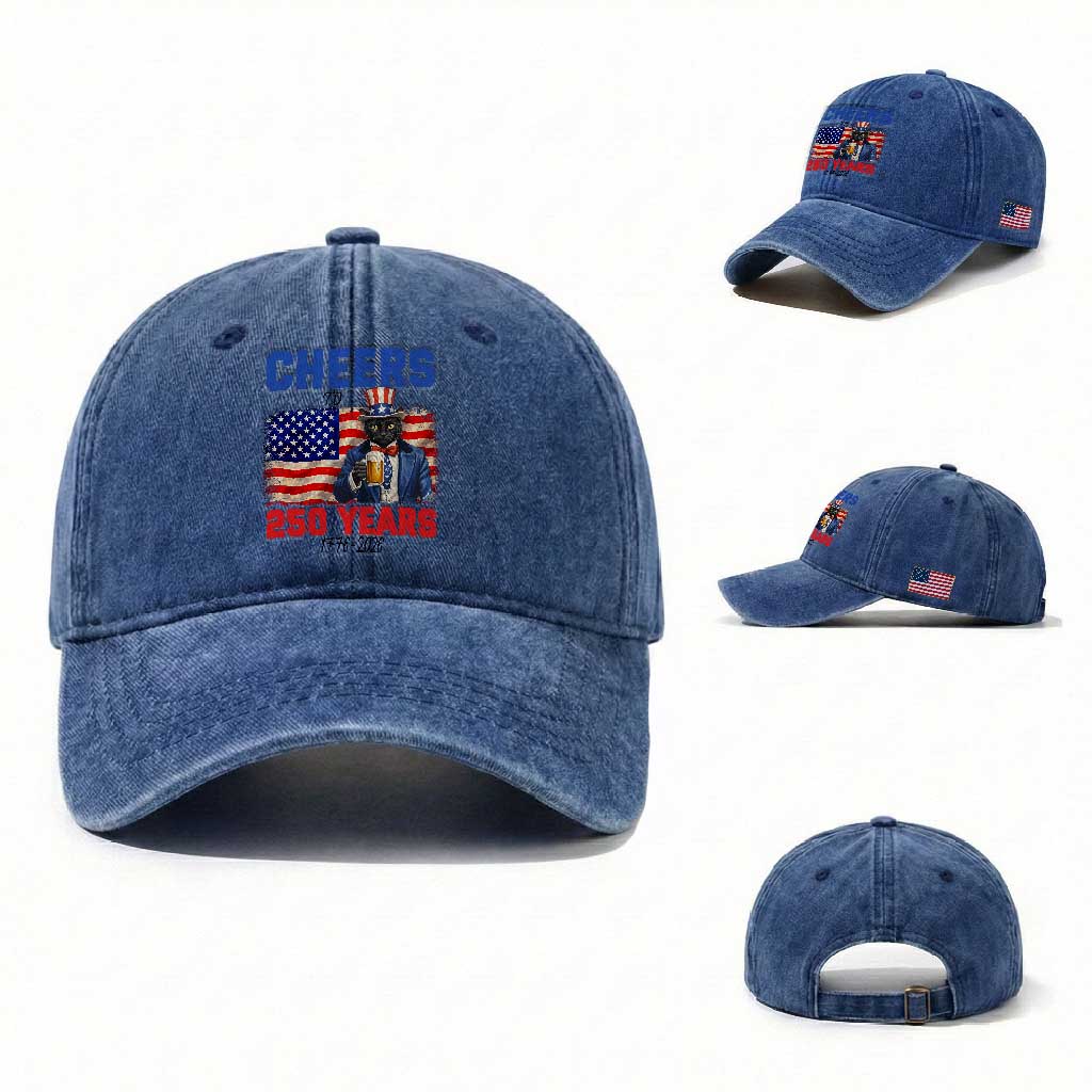 Vintage Cat Uncle Sam Washed Cotton Baseball Cap Cheers To 250 Years TS12 Washed Cap Universal Fit Royal Blue Print Your Wear