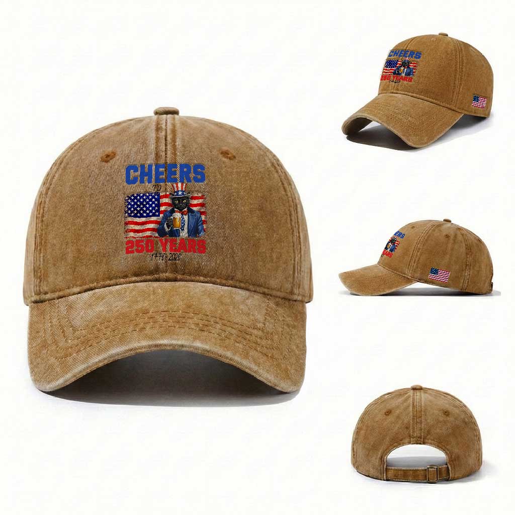 Vintage Cat Uncle Sam Washed Cotton Baseball Cap Cheers To 250 Years TS12 Washed Cap Universal Fit Yellow Ochre Print Your Wear