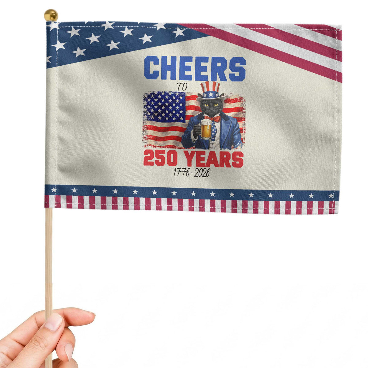 Vintage Cat Uncle Sam Patriotic Handheld Flag Cheers To 250 Years TS12 Modern 8.2