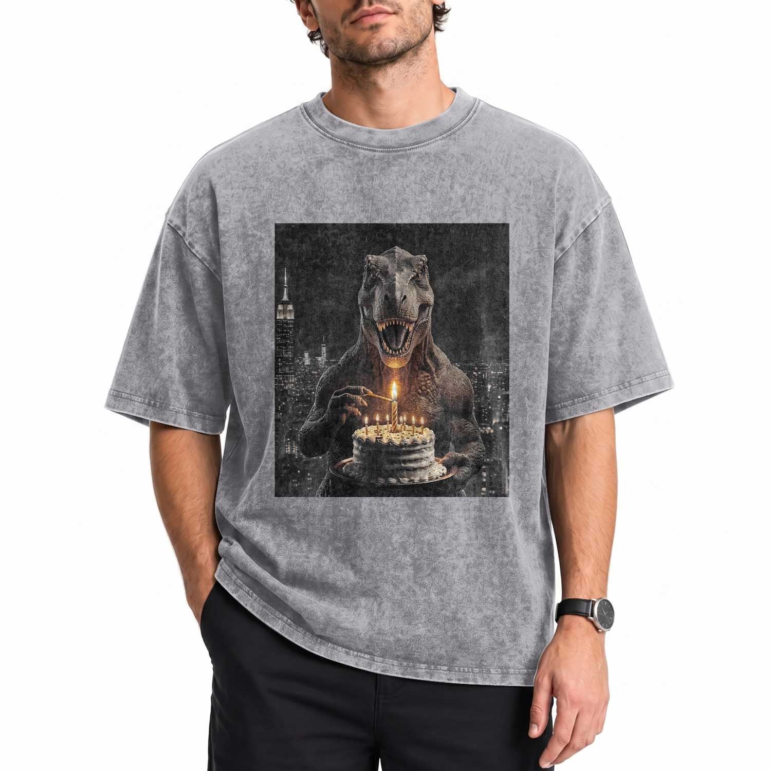 Funny Birthday Dinosaur Washed Cotton T-Shirt Prehistoric Party Celebration