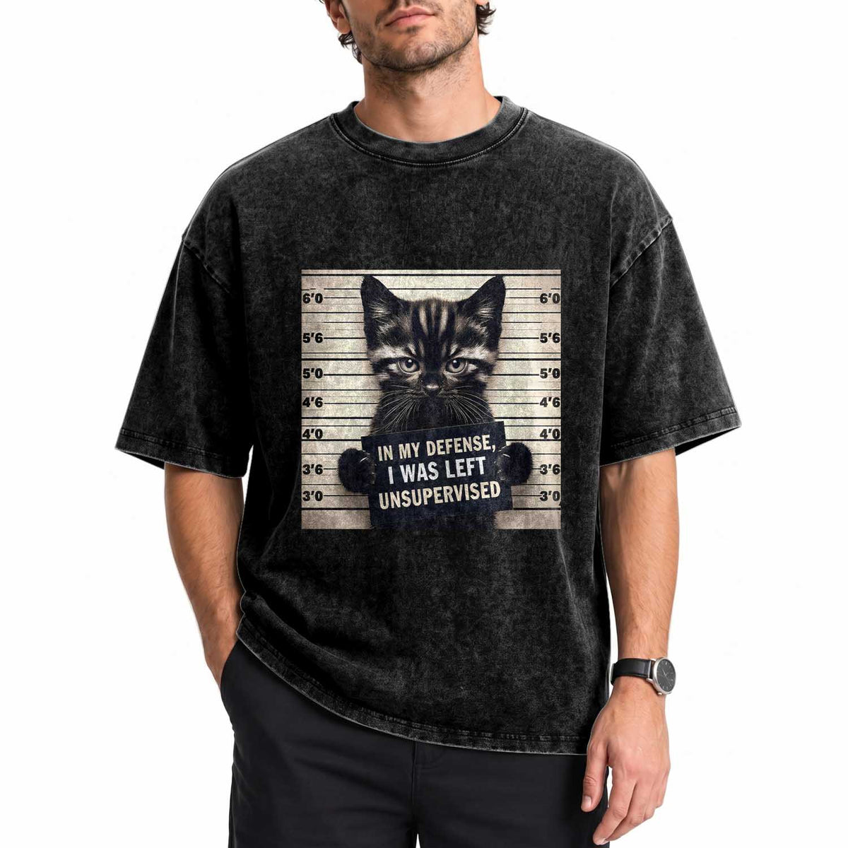 Funny Bad Cat Attitude Washed Cotton T-Shirt In My Defense I Was Left Unsupervised