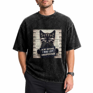 Funny Bad Cat Attitude Washed Cotton T-Shirt In My Defense I Was Left Unsupervised
