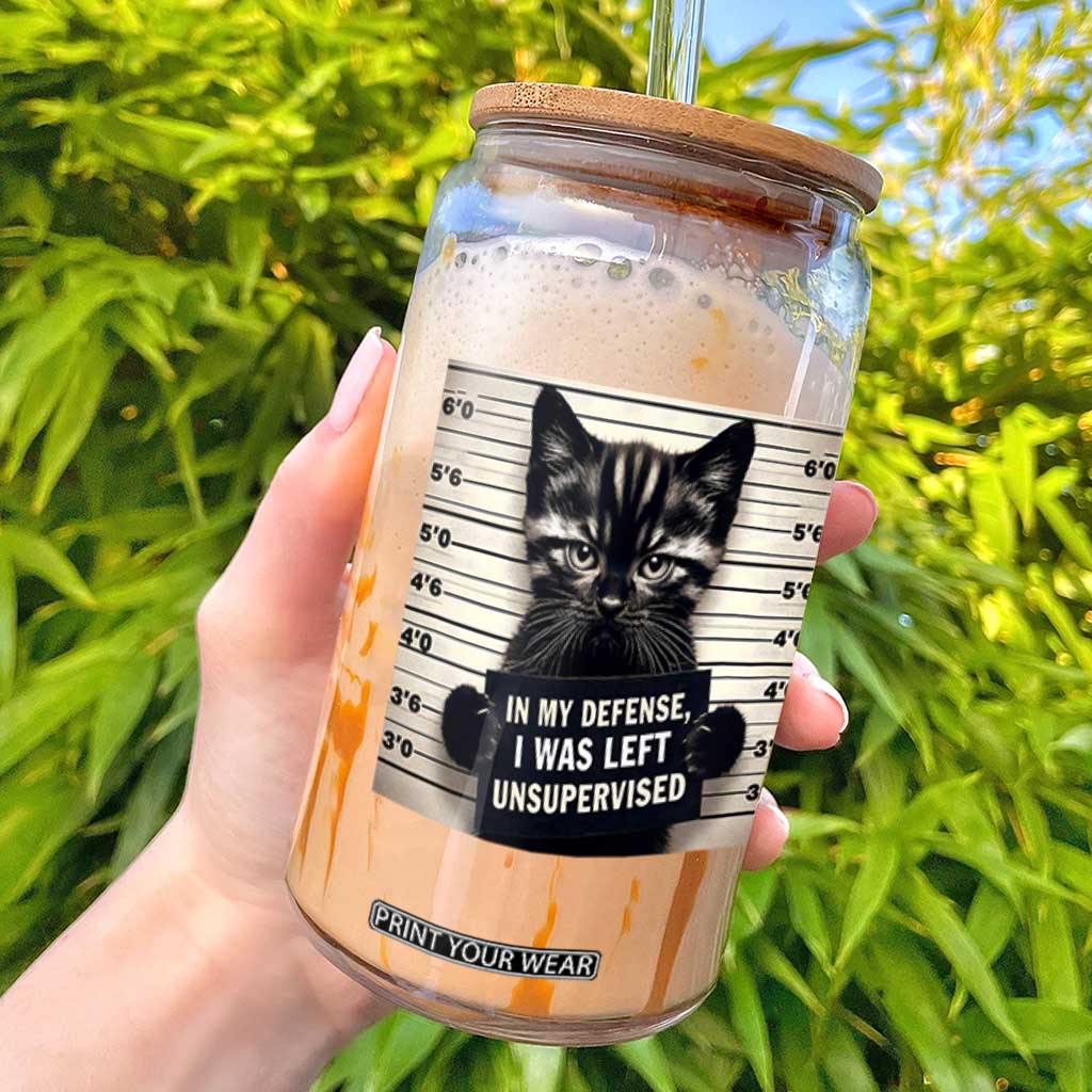 Funny Bad Cat Attitude Glass Can In My Defense I Was Left Unsupervised TS12 Black Print Your Wear