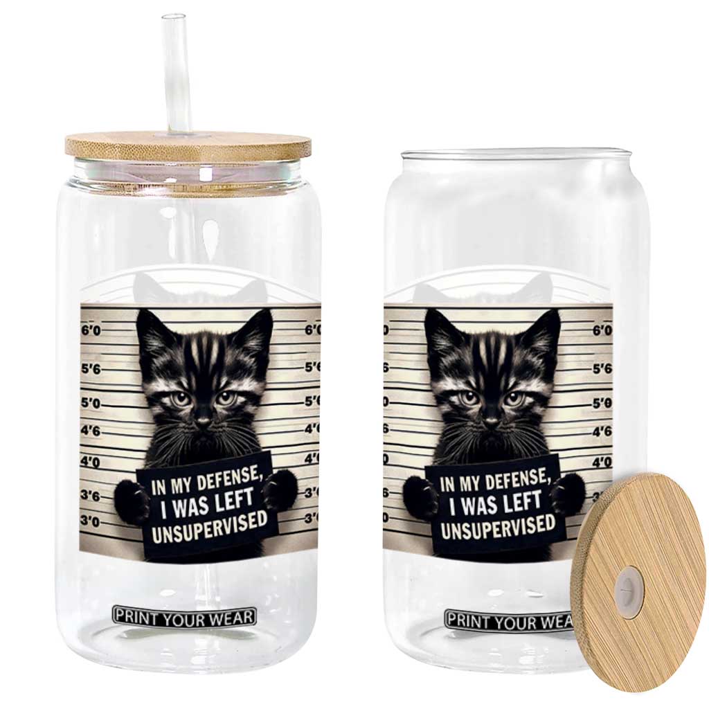 Funny Bad Cat Attitude Glass Can In My Defense I Was Left Unsupervised TS12 Print Your Wear