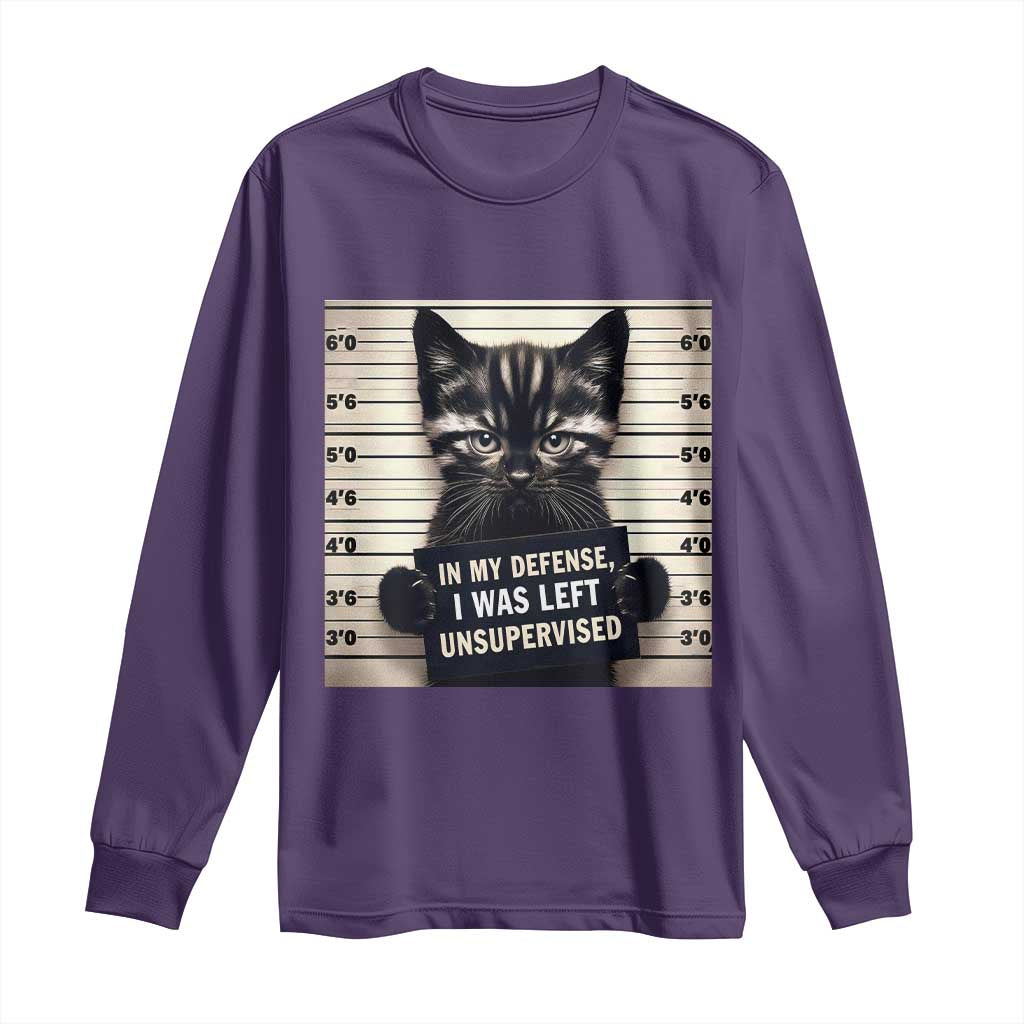 Funny Bad Cat Attitude Long Sleeve Shirt In My Defense I Was Left Unsupervised TS12 Purple Print Your Wear