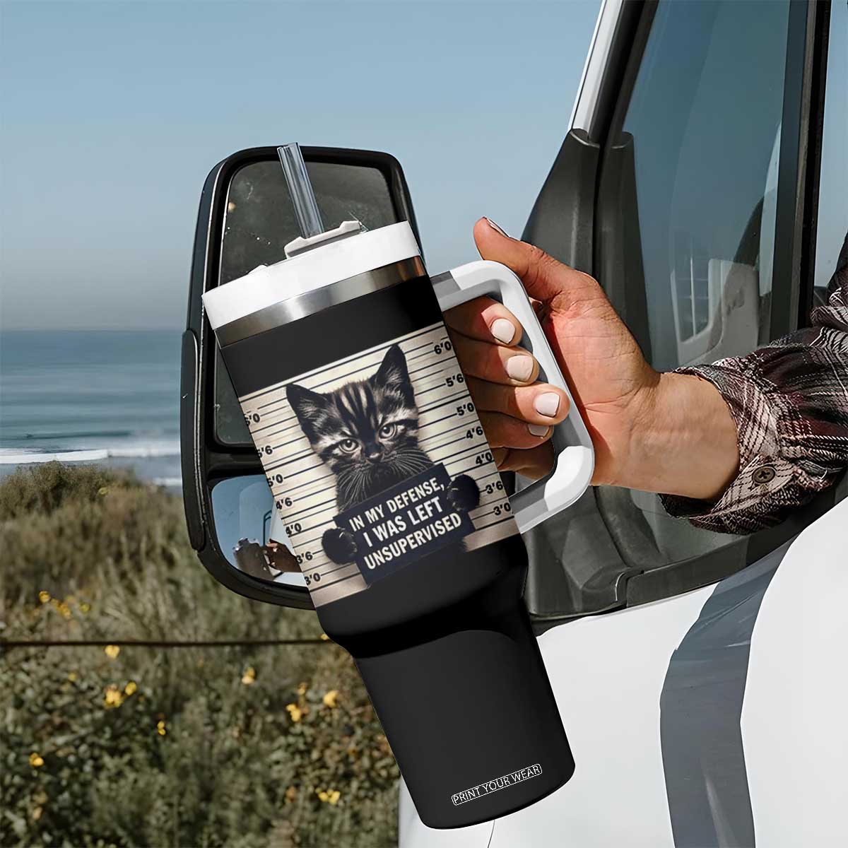 Funny Bad Cat Attitude Tumbler With Handle In My Defense I Was Left Unsupervised TS12 Print Your Wear