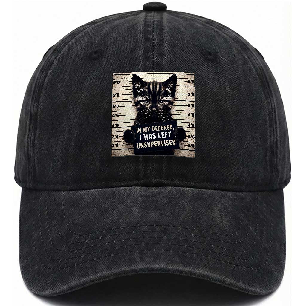 Funny Bad Cat Attitude Washed Cotton Baseball Cap In My Defense I Was Left Unsupervised TS12 Print Your Wear