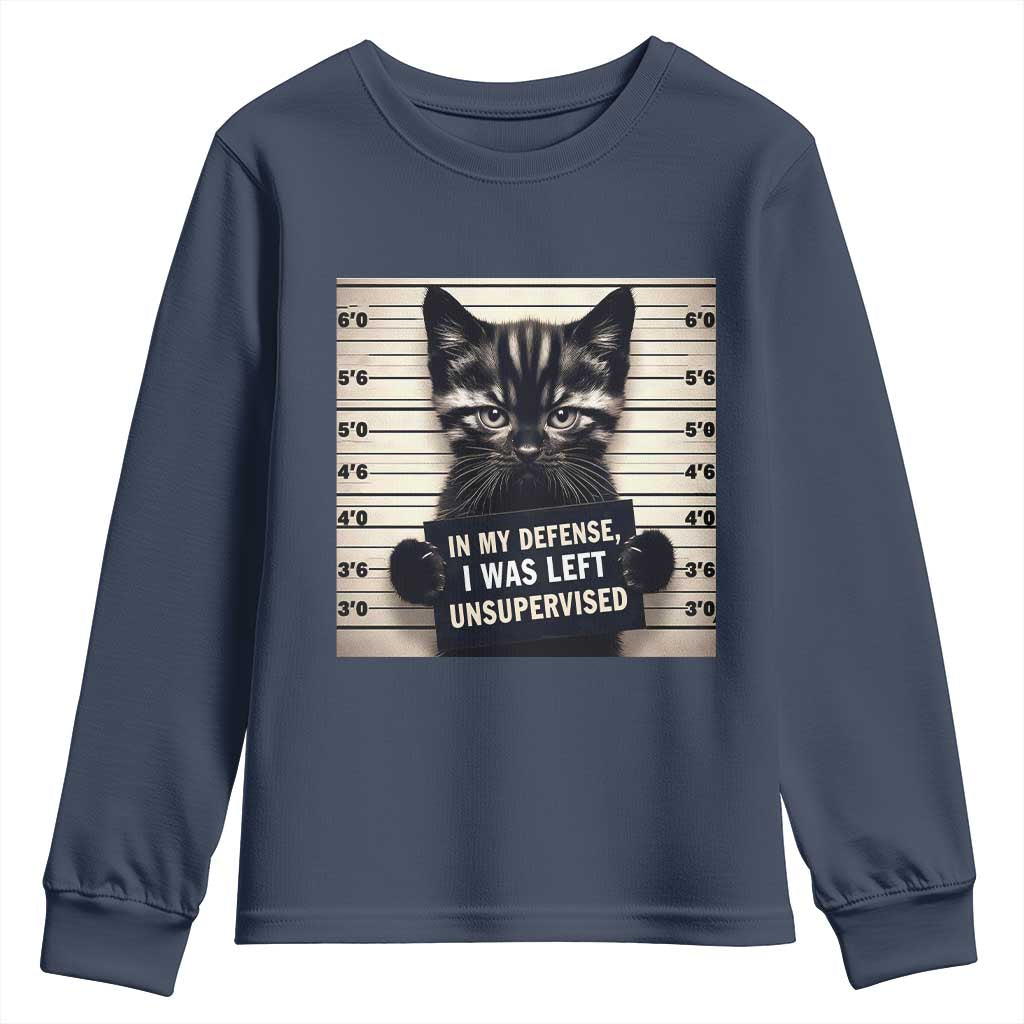 Funny Bad Cat Attitude Youth Sweatshirt In My Defense I Was Left Unsupervised TS12 Navy Print Your Wear