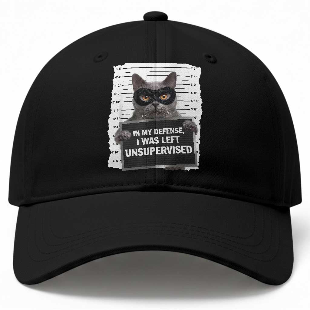 Funny Cat Mugshot Baseball Cap In My Defense I Was Left Unsupervised TS12 Print Your Wear