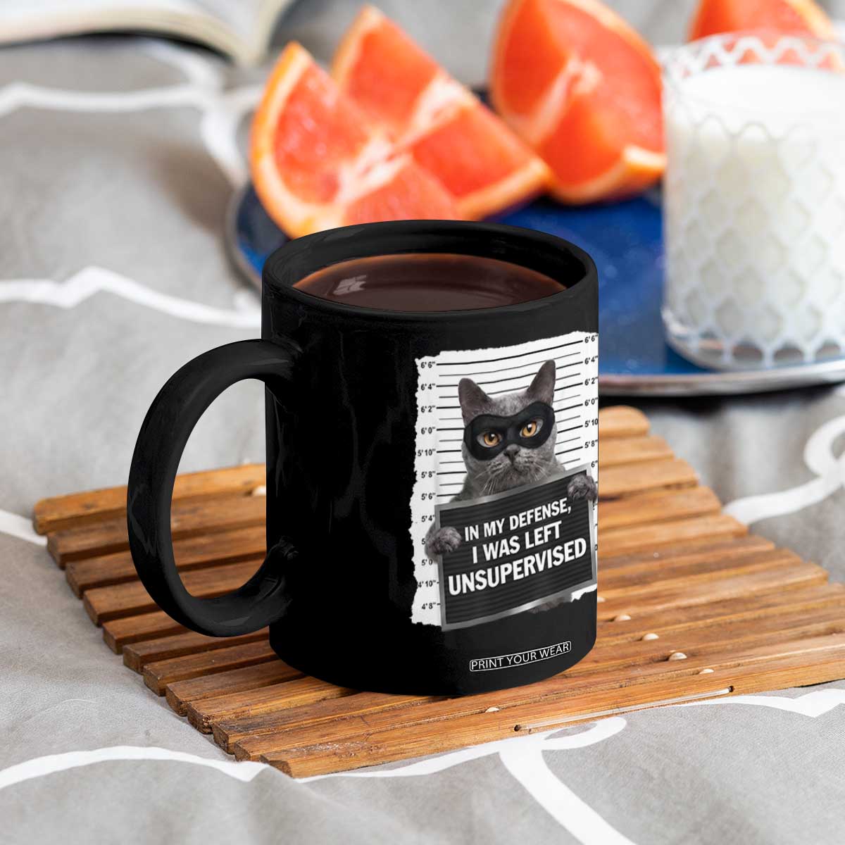 Funny Cat Mugshot Coffee Mug In My Defense I Was Left Unsupervised TS12 Print Your Wear