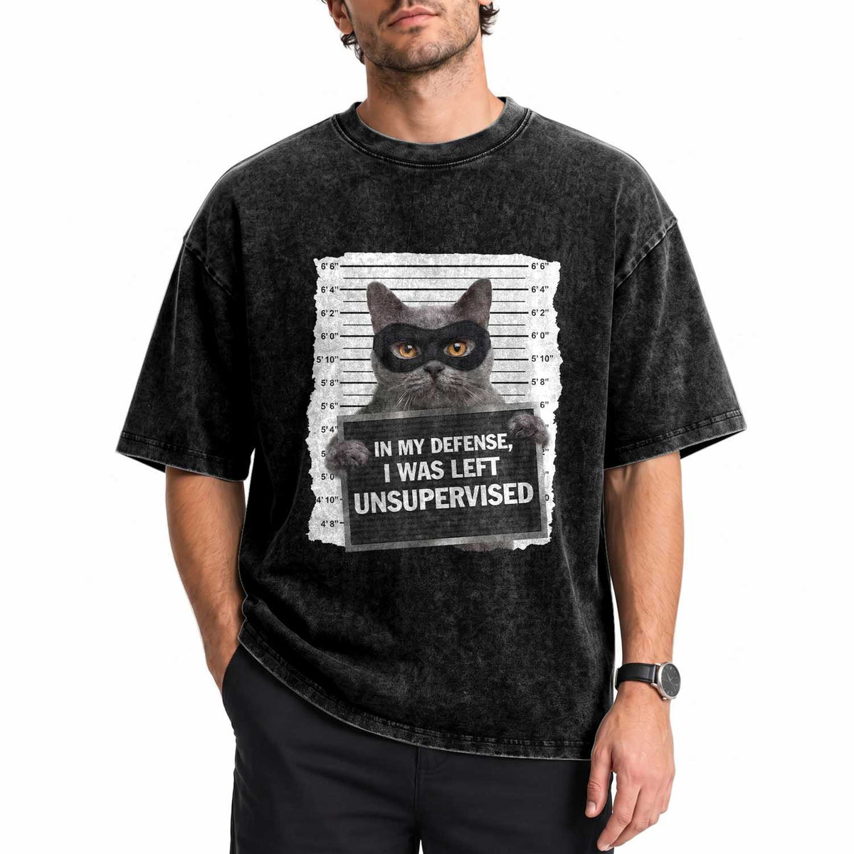 Funny Cat Mugshot Washed Cotton T-Shirt In My Defense I Was Left Unsupervised