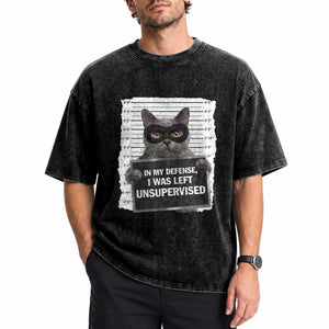 Funny Cat Mugshot Washed Cotton T-Shirt In My Defense I Was Left Unsupervised