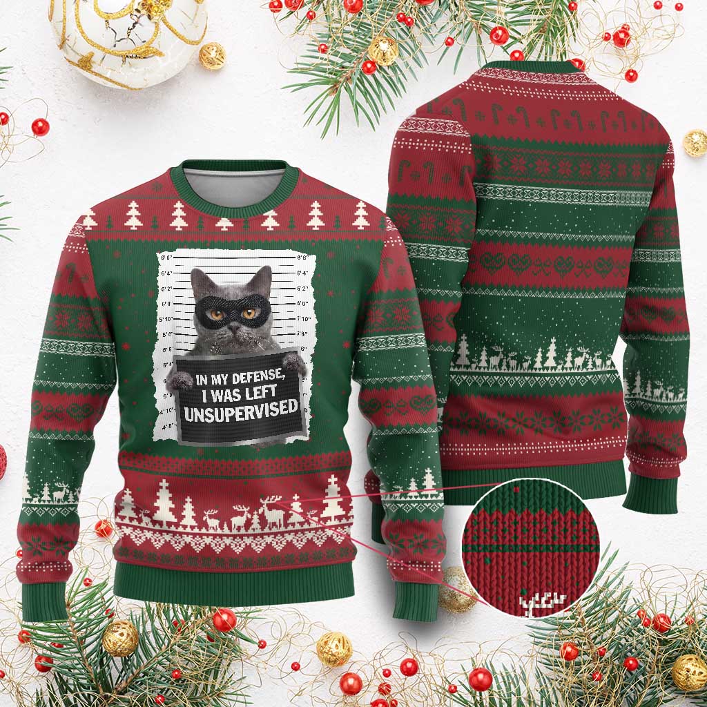 Funny Cat Mugshot Ugly Christmas Sweater In My Defense I Was Left Unsupervised TS12 Red Green Print Your Wear