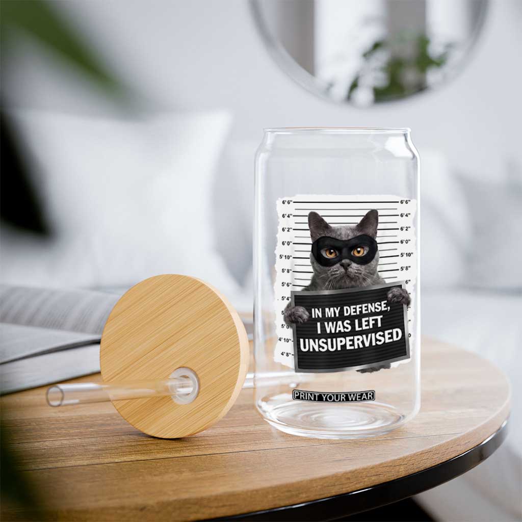 Funny Cat Mugshot Glass Can In My Defense I Was Left Unsupervised TS12 Print Your Wear