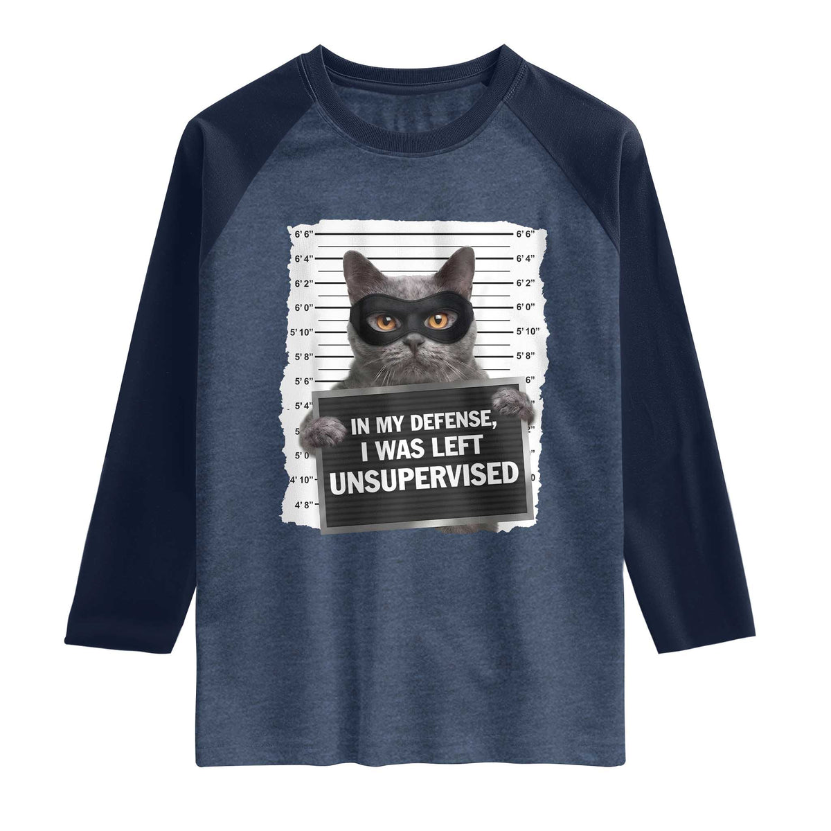 Funny Cat Mugshot Raglan Shirt In My Defense I Was Left Unsupervised TS12 Heather Denim Navy Print Your Wear