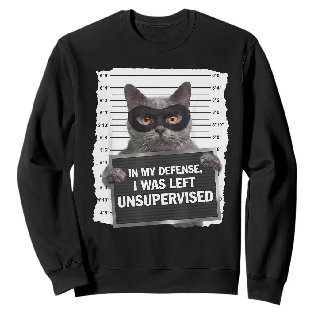 Funny Cat Mugshot Sweatshirt In My Defense I Was Left Unsupervised TS12 Black Print Your Wear