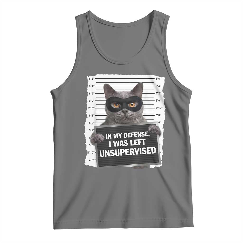 Funny Cat Mugshot Tank Top In My Defense I Was Left Unsupervised TS12 Black Heather Print Your Wear
