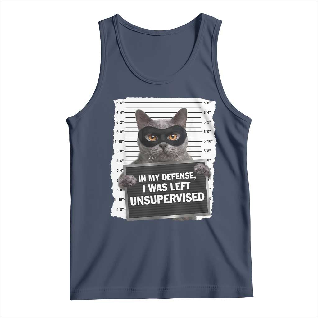 Funny Cat Mugshot Tank Top In My Defense I Was Left Unsupervised TS12 Navy Print Your Wear