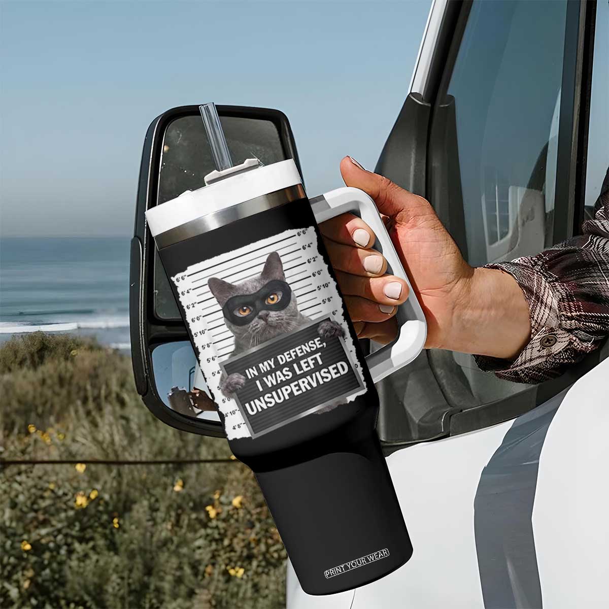 Funny Cat Mugshot Tumbler With Handle In My Defense I Was Left Unsupervised TS12 Print Your Wear