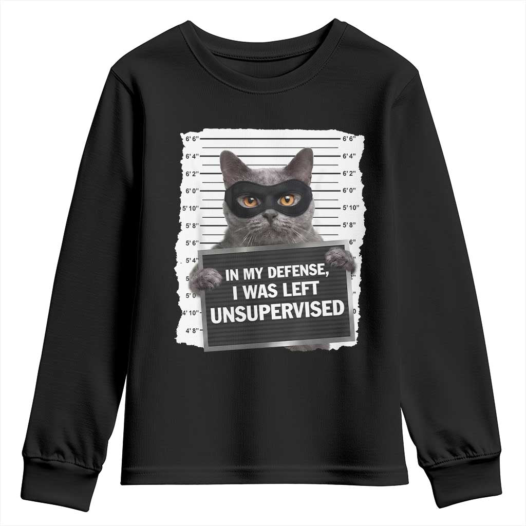 Funny Cat Mugshot Youth Sweatshirt In My Defense I Was Left Unsupervised TS12 Black Print Your Wear