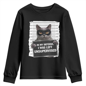 Funny Cat Mugshot Youth Sweatshirt In My Defense I Was Left Unsupervised TS12 Black Print Your Wear