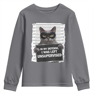 Funny Cat Mugshot Youth Sweatshirt In My Defense I Was Left Unsupervised TS12 Charcoal Print Your Wear