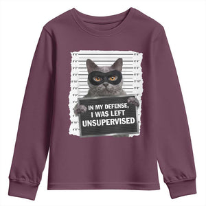 Funny Cat Mugshot Youth Sweatshirt In My Defense I Was Left Unsupervised TS12 Maroon Print Your Wear